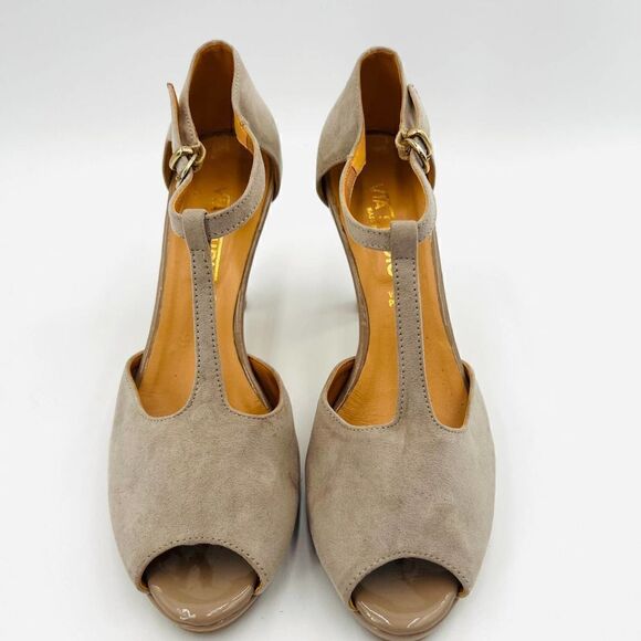 Via Studio Open Toe Platform T-Strap Nude Suede Pumps Size 38 - Picture 2 of 13